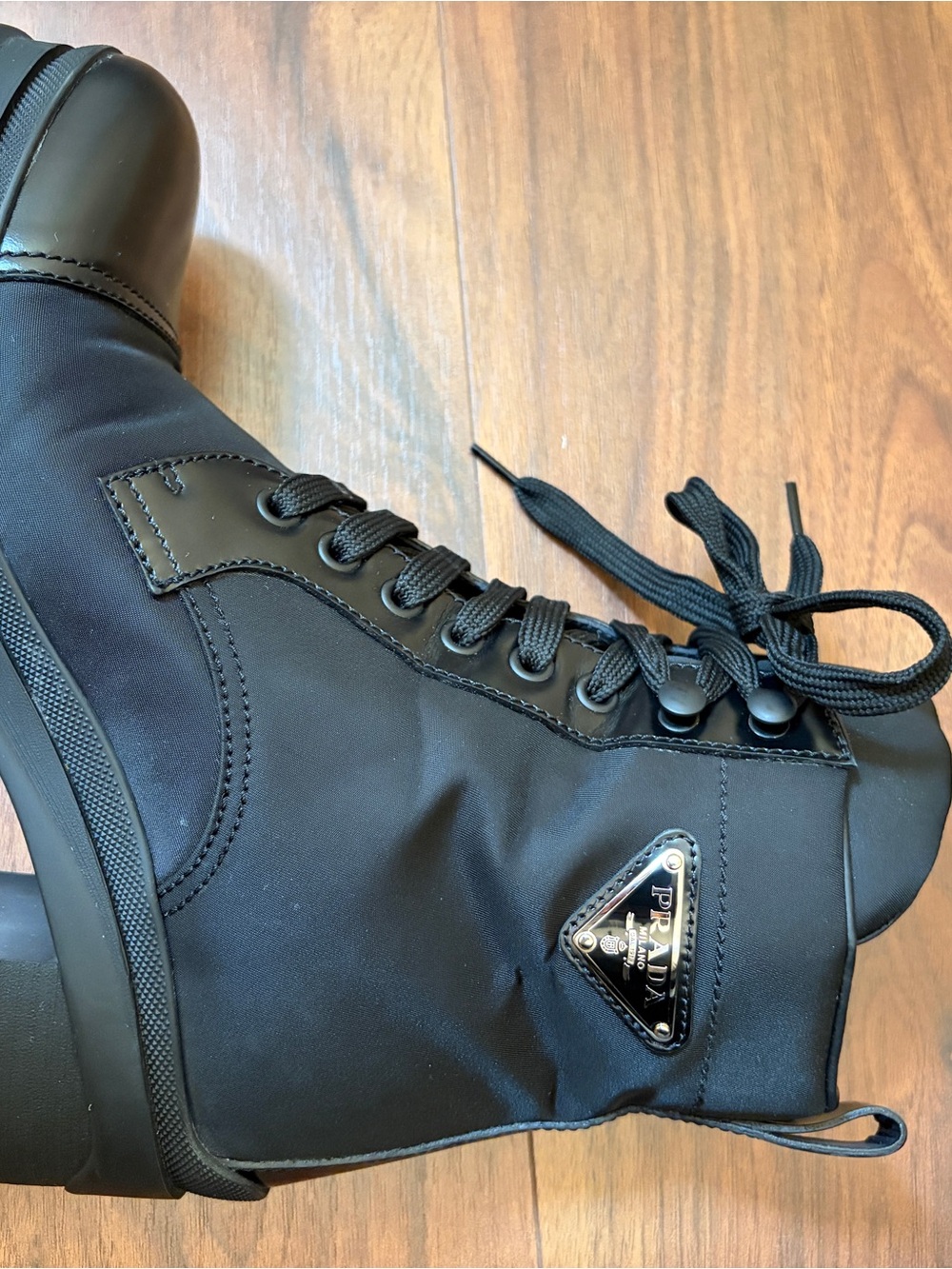 Prada Black Lace-Up Heel Boots with Logo Plaque - Picture 2 of 8